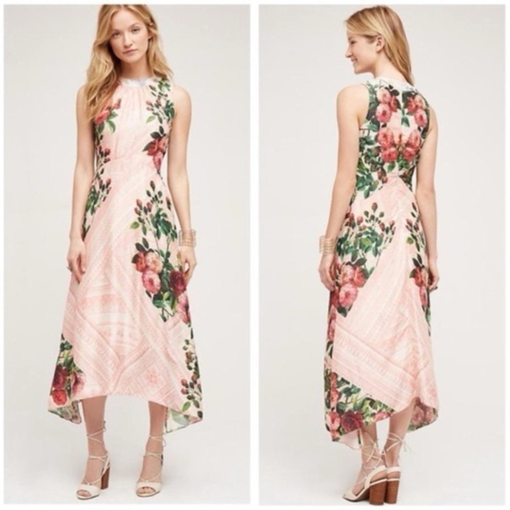 Anthropologie Pankaj & Nidhi Butterfly Garden Midi Dress 00 Pink Boho Romantic